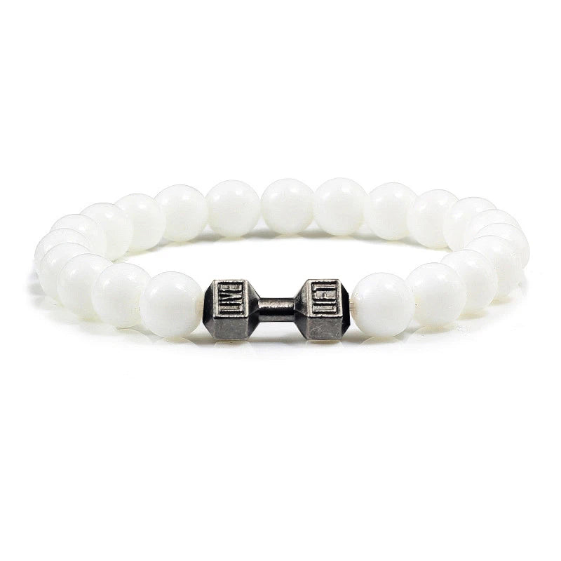Unisex Fitness Volcanic Stone Bracelet: Matte Black Lava and White Beads with Dumbbell Charm. Perfect for Gym Enthusiasts.