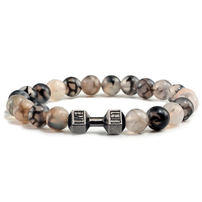 Unisex Fitness Volcanic Stone Bracelet: Matte Black Lava and White Beads with Dumbbell Charm. Perfect for Gym Enthusiasts.