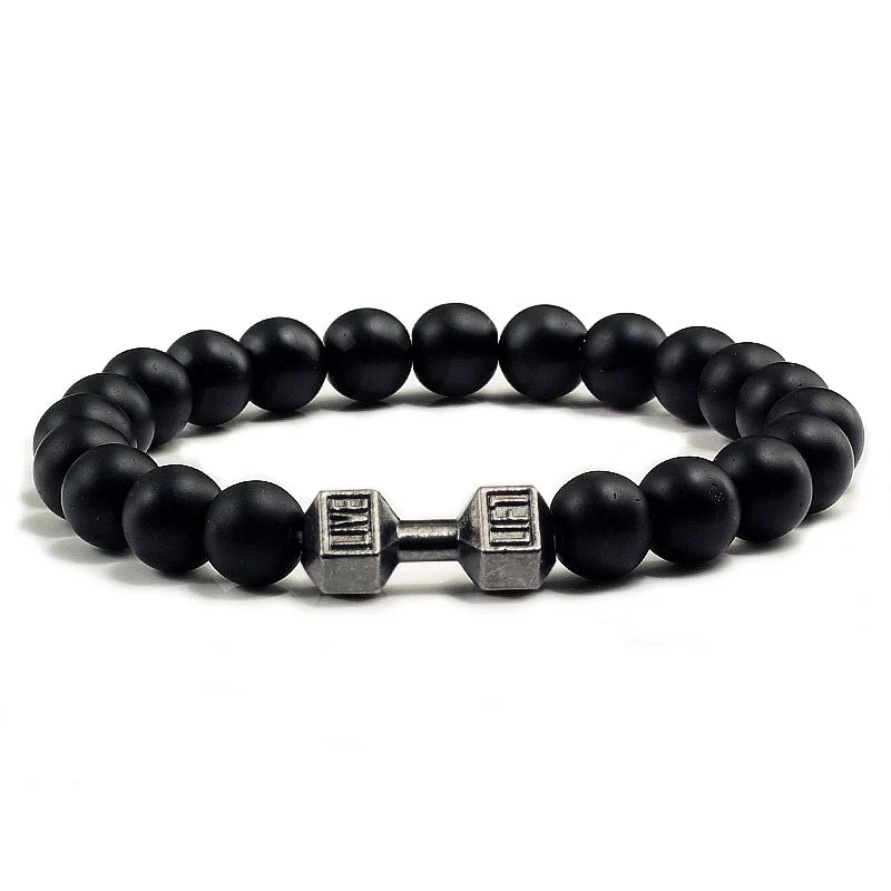 Unisex Fitness Volcanic Stone Bracelet: Matte Black Lava and White Beads with Dumbbell Charm. Perfect for Gym Enthusiasts.