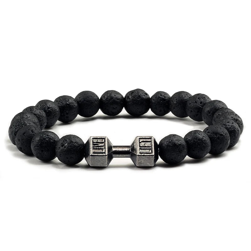 Unisex Fitness Volcanic Stone Bracelet: Matte Black Lava and White Beads with Dumbbell Charm. Perfect for Gym Enthusiasts.