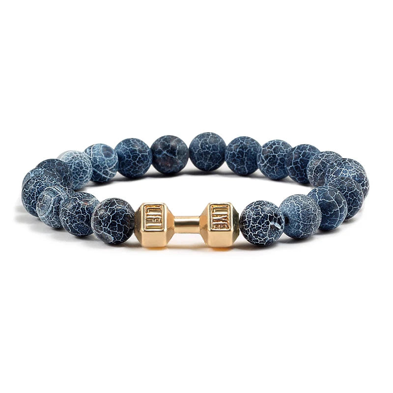 Unisex Fitness Volcanic Stone Bracelet: Matte Black Lava and White Beads with Dumbbell Charm. Perfect for Gym Enthusiasts.