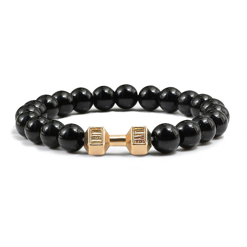 Unisex Fitness Volcanic Stone Bracelet: Matte Black Lava and White Beads with Dumbbell Charm. Perfect for Gym Enthusiasts.