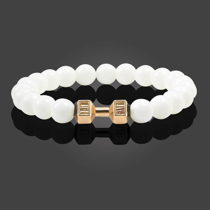 Unisex Fitness Volcanic Stone Bracelet: Matte Black Lava and White Beads with Dumbbell Charm. Perfect for Gym Enthusiasts.