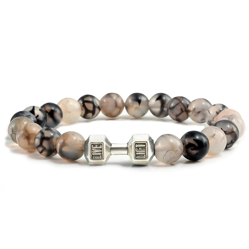Unisex Fitness Volcanic Stone Bracelet: Matte Black Lava and White Beads with Dumbbell Charm. Perfect for Gym Enthusiasts.