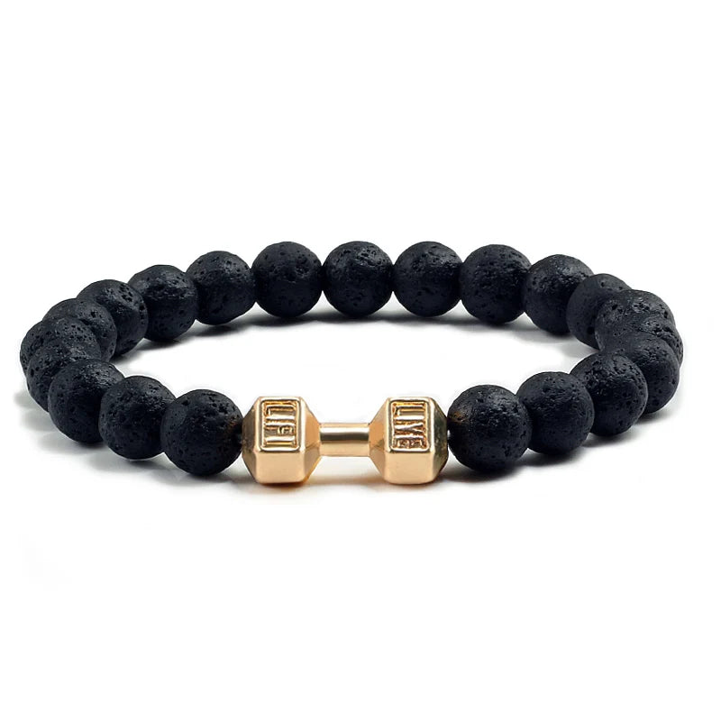 Unisex Fitness Volcanic Stone Bracelet: Matte Black Lava and White Beads with Dumbbell Charm. Perfect for Gym Enthusiasts.