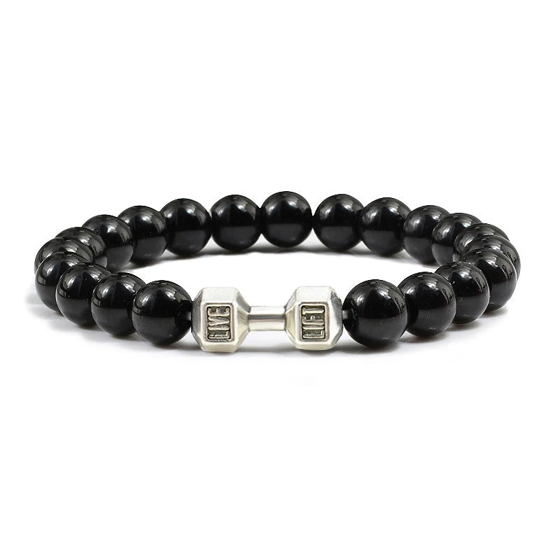 Unisex Fitness Volcanic Stone Bracelet: Matte Black Lava and White Beads with Dumbbell Charm. Perfect for Gym Enthusiasts.