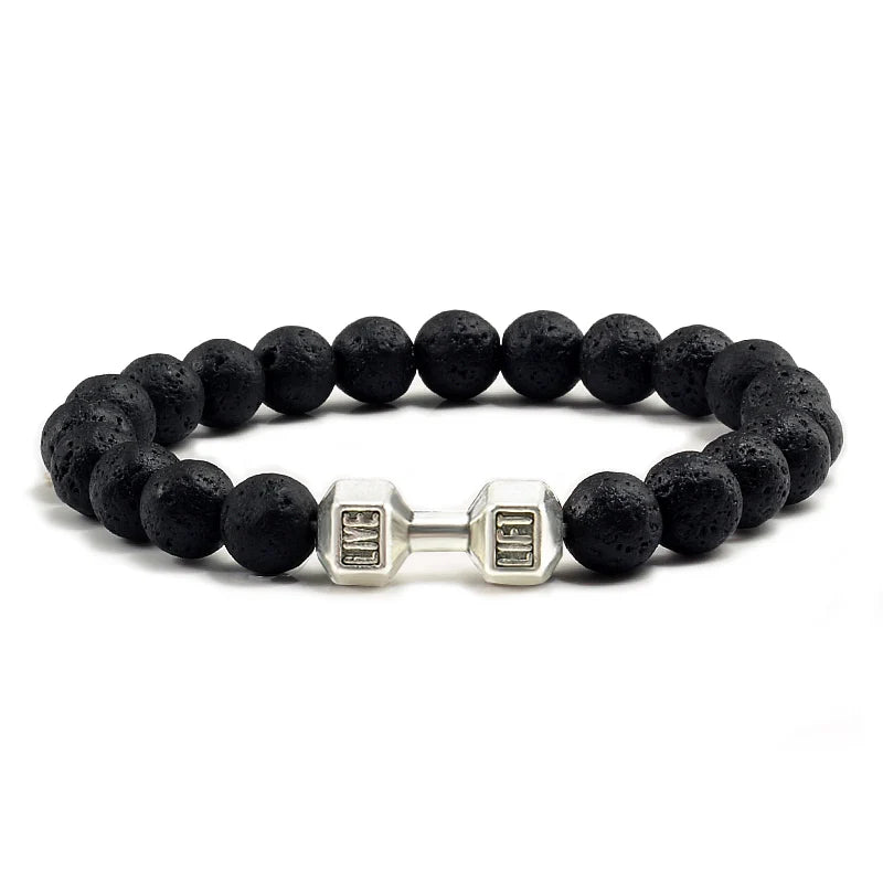 Unisex Fitness Volcanic Stone Bracelet: Matte Black Lava and White Beads with Dumbbell Charm. Perfect for Gym Enthusiasts.