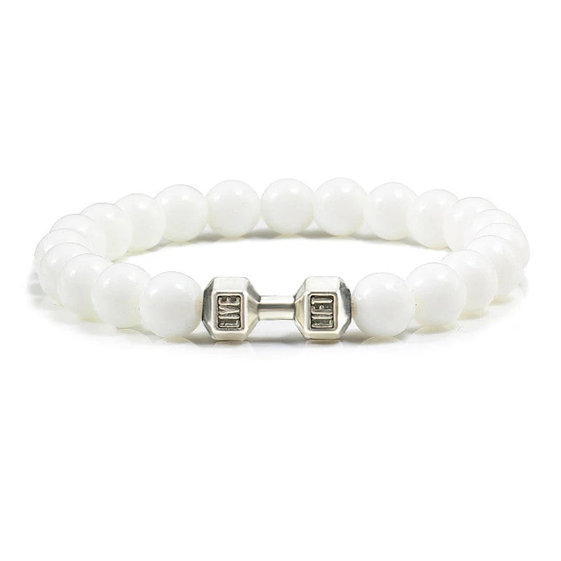 Unisex Fitness Volcanic Stone Bracelet: Matte Black Lava and White Beads with Dumbbell Charm. Perfect for Gym Enthusiasts.