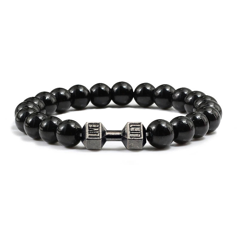 Unisex Fitness Volcanic Stone Bracelet: Matte Black Lava and White Beads with Dumbbell Charm. Perfect for Gym Enthusiasts.