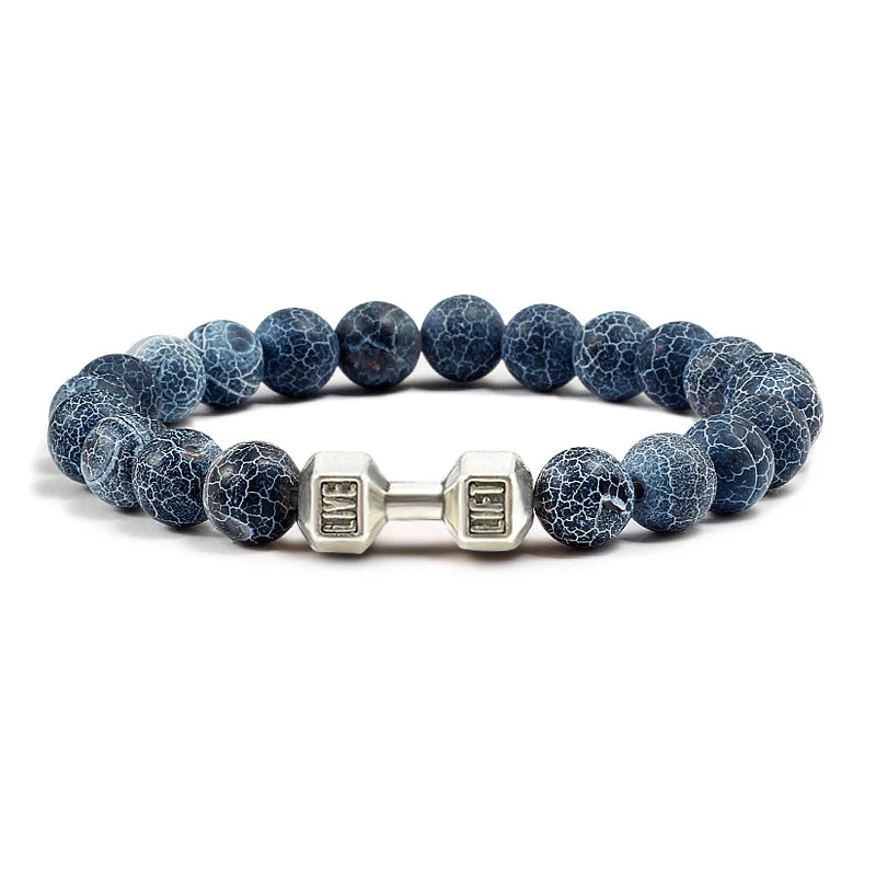 Unisex Fitness Volcanic Stone Bracelet: Matte Black Lava and White Beads with Dumbbell Charm. Perfect for Gym Enthusiasts.
