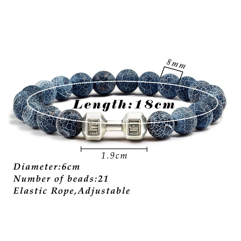 Unisex Fitness Volcanic Stone Bracelet: Matte Black Lava and White Beads with Dumbbell Charm. Perfect for Gym Enthusiasts.