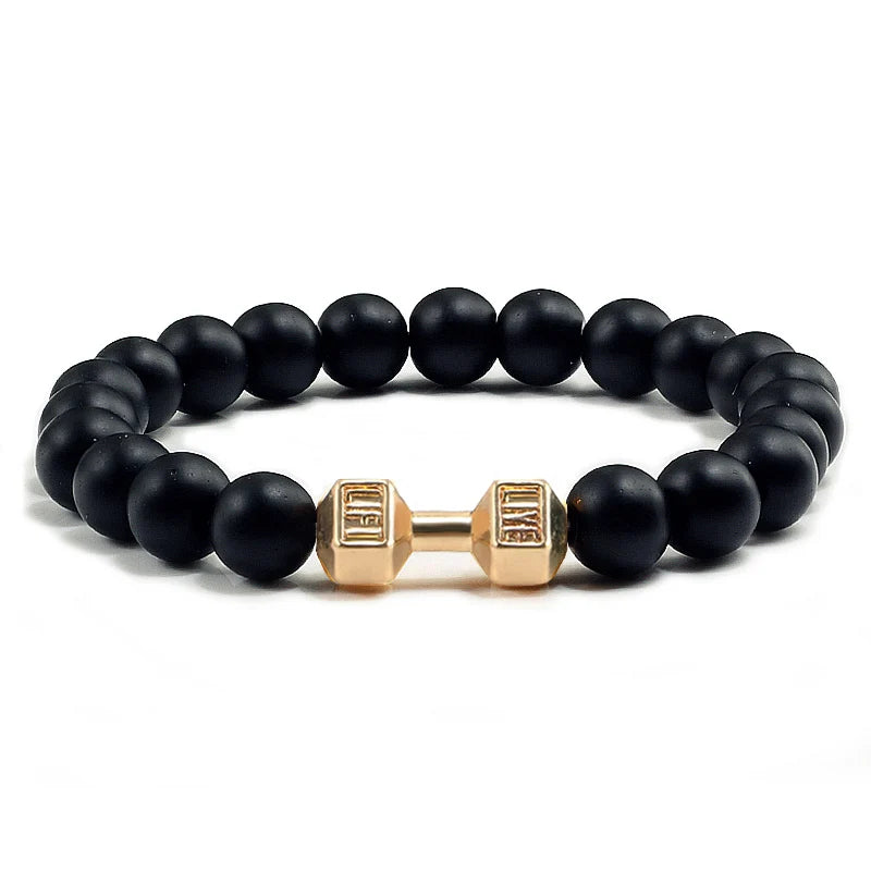 Unisex Fitness Volcanic Stone Bracelet: Matte Black Lava and White Beads with Dumbbell Charm. Perfect for Gym Enthusiasts.