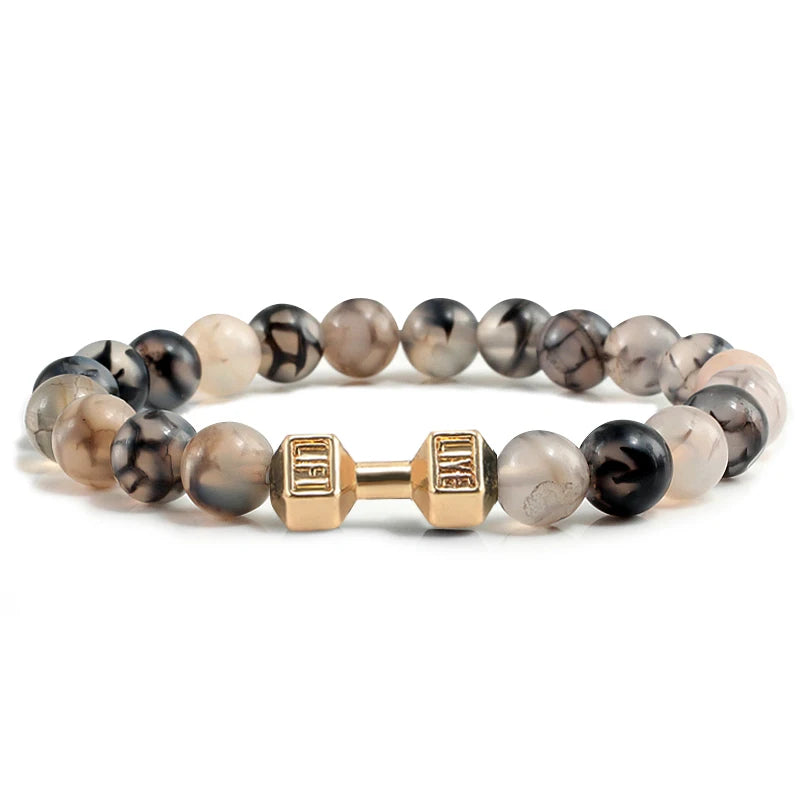 Unisex Fitness Volcanic Stone Bracelet: Matte Black Lava and White Beads with Dumbbell Charm. Perfect for Gym Enthusiasts.