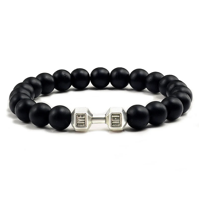 Unisex Fitness Volcanic Stone Bracelet: Matte Black Lava and White Beads with Dumbbell Charm. Perfect for Gym Enthusiasts.