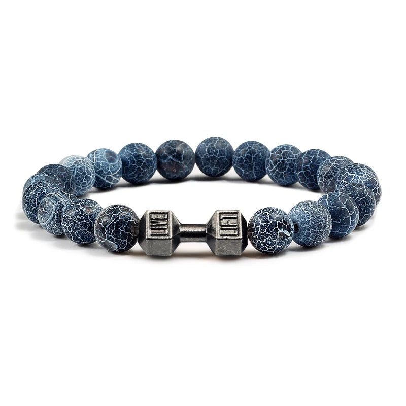 Unisex Fitness Volcanic Stone Bracelet: Matte Black Lava and White Beads with Dumbbell Charm. Perfect for Gym Enthusiasts.