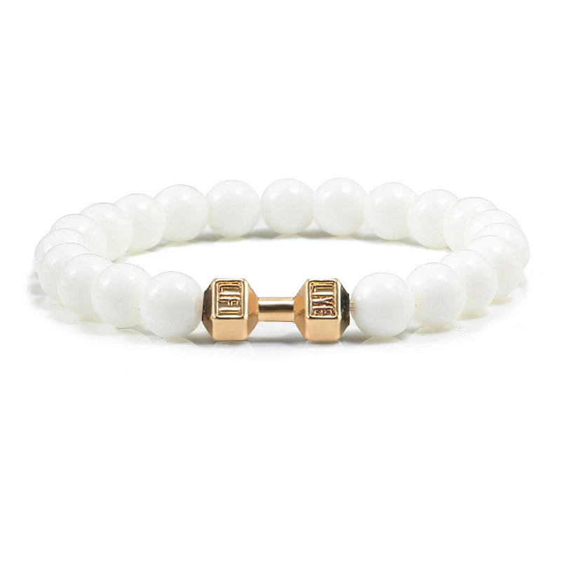Unisex Fitness Volcanic Stone Bracelet: Matte Black Lava and White Beads with Dumbbell Charm. Perfect for Gym Enthusiasts.