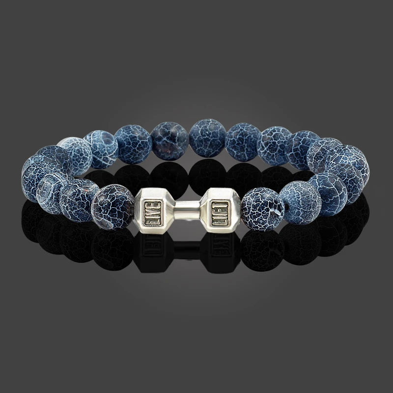 Unisex Fitness Volcanic Stone Bracelet: Matte Black Lava and White Beads with Dumbbell Charm. Perfect for Gym Enthusiasts.