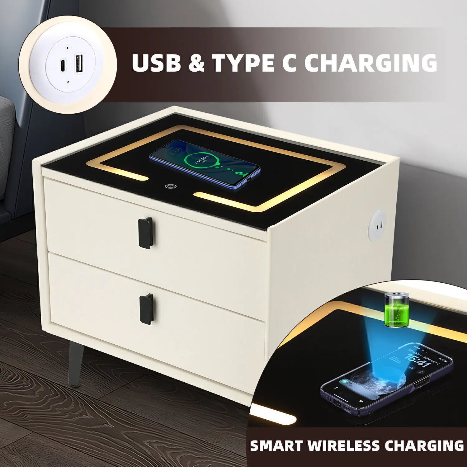 Smart 2 Drawers Bedside Table With Wireless Charging Bedside Cabinet With LED Light Nightstand Organiser With High Gloss Front