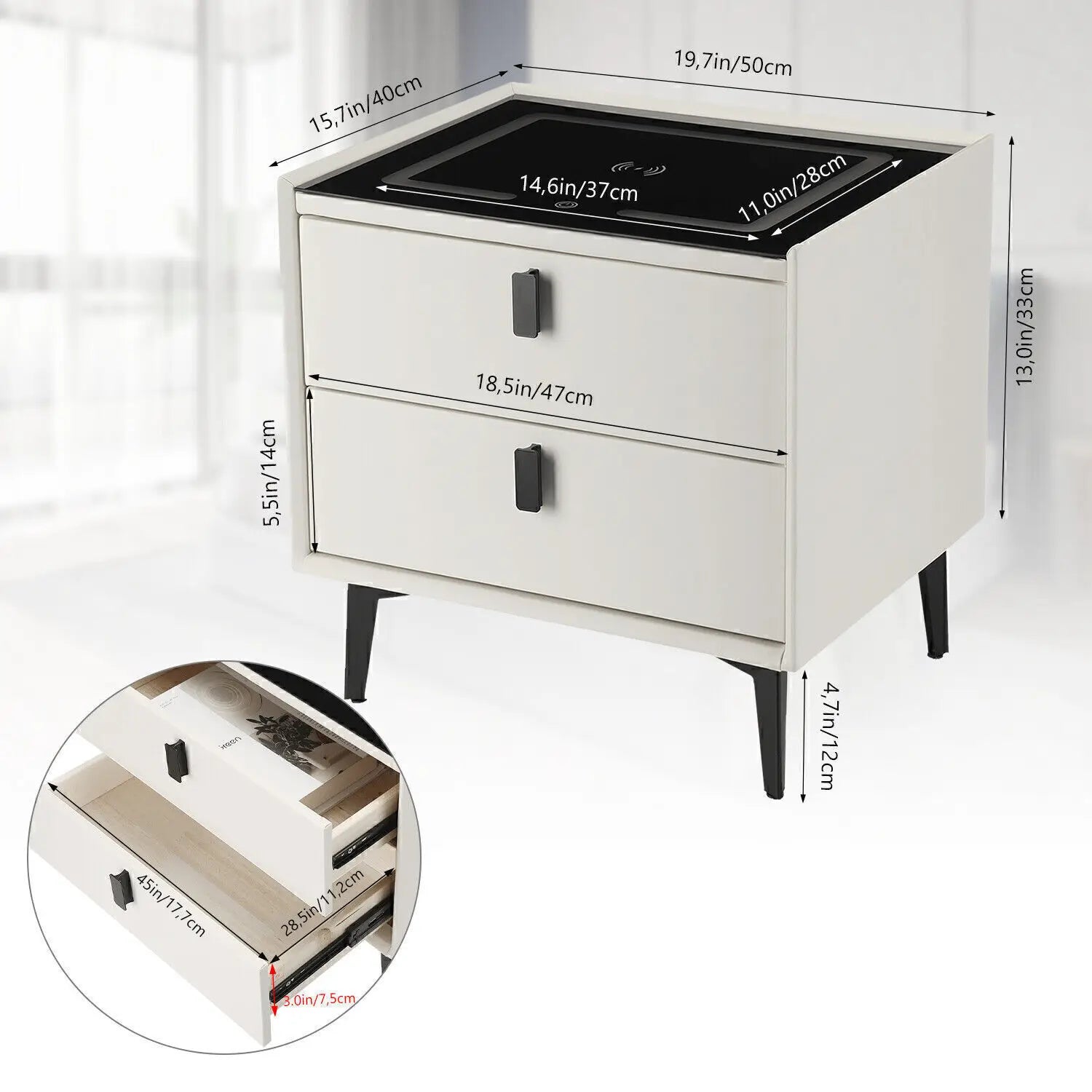 Smart 2 Drawers Bedside Table With Wireless Charging Bedside Cabinet With LED Light Nightstand Organiser With High Gloss Front