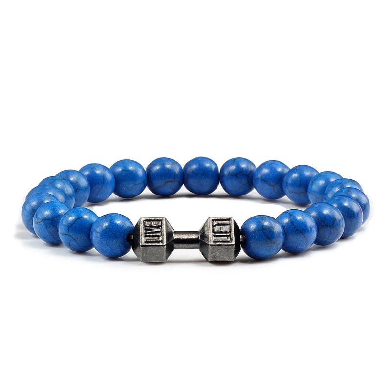 Unisex Fitness Volcanic Stone Bracelet: Matte Black Lava and White Beads with Dumbbell Charm. Perfect for Gym Enthusiasts.