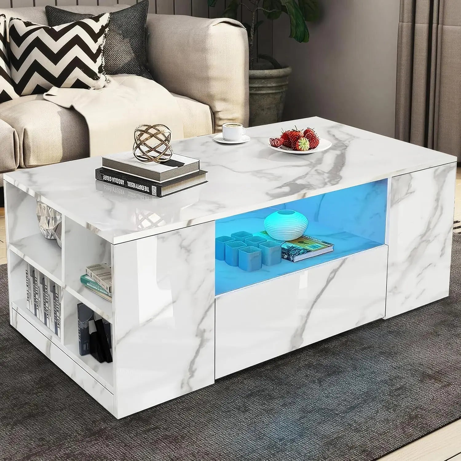 Centre Coffee Tables for Living Room with Led RGB Lights 2 Drawer Storage and Open