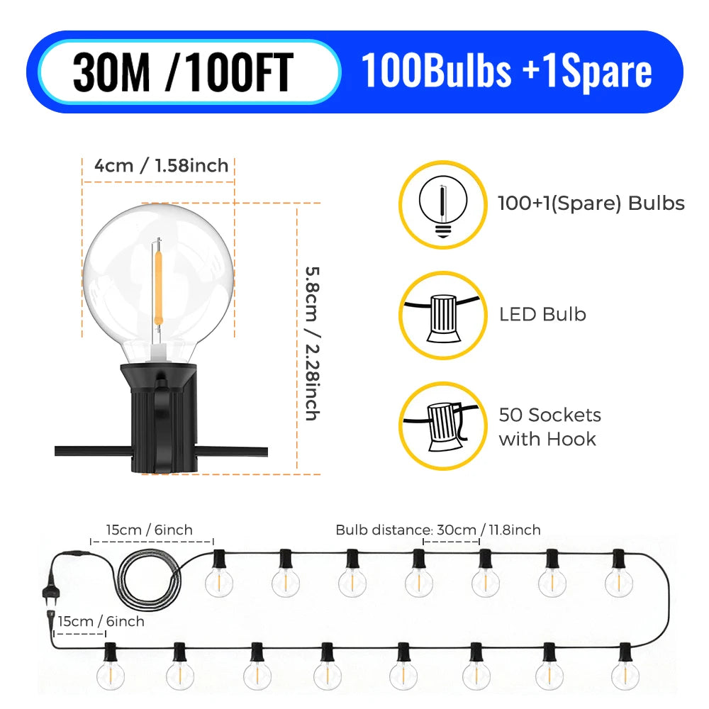30M LED Lamp Globe String Lights Outdoor