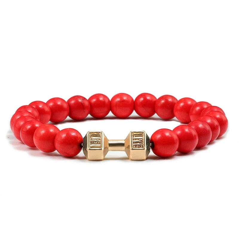 Unisex Fitness Volcanic Stone Bracelet: Matte Black Lava and White Beads with Dumbbell Charm. Perfect for Gym Enthusiasts.