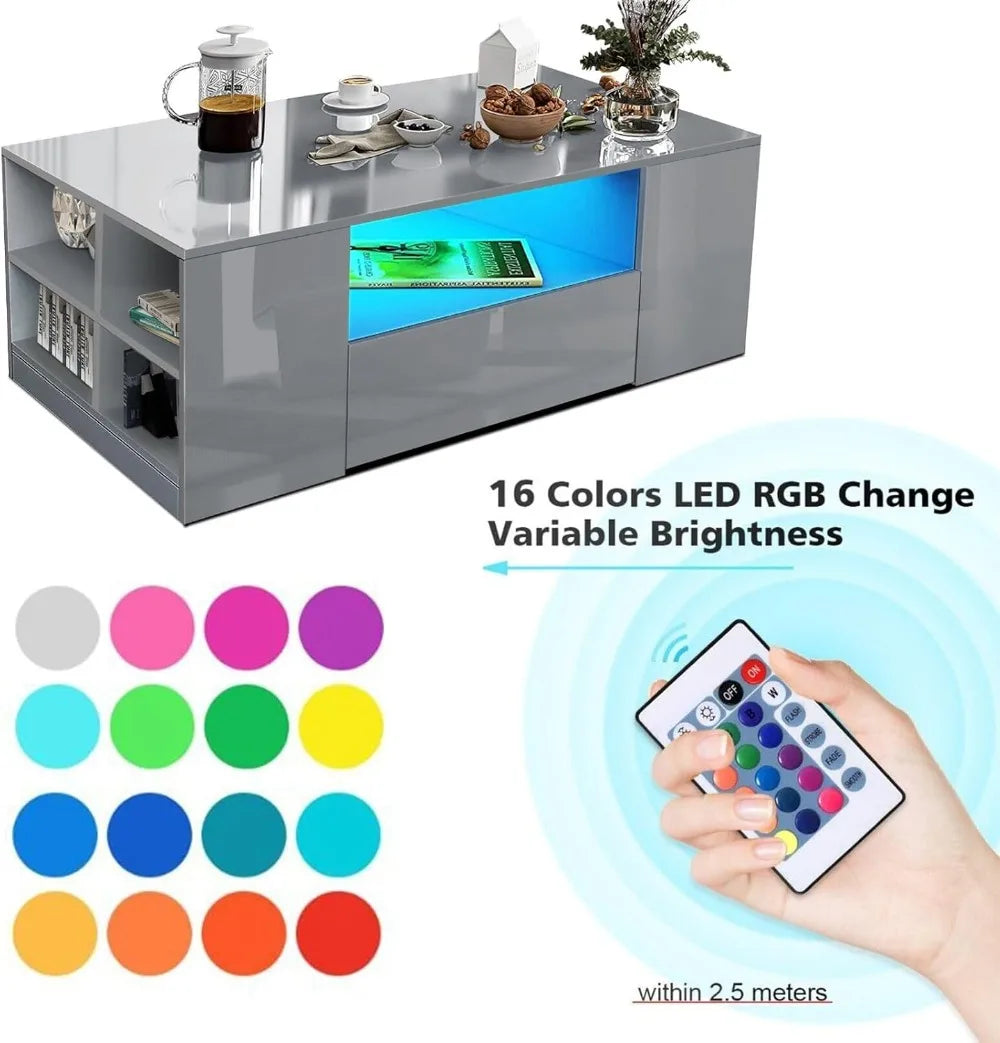 Centre Coffee Tables for Living Room with Led RGB Lights 2 Drawer Storage and Open