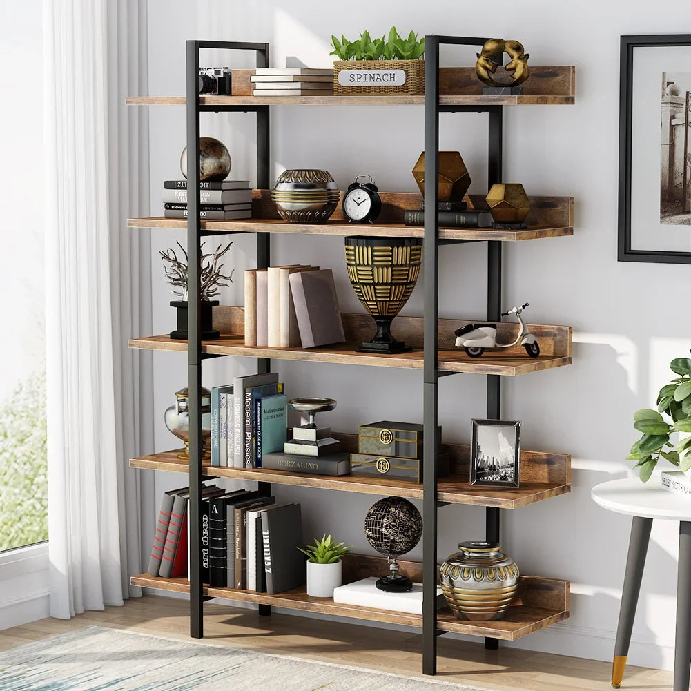 Storage Rack Standing Shelf 5 Tier Industrial Sturdy Bookshelf with Iron Pipe Frame