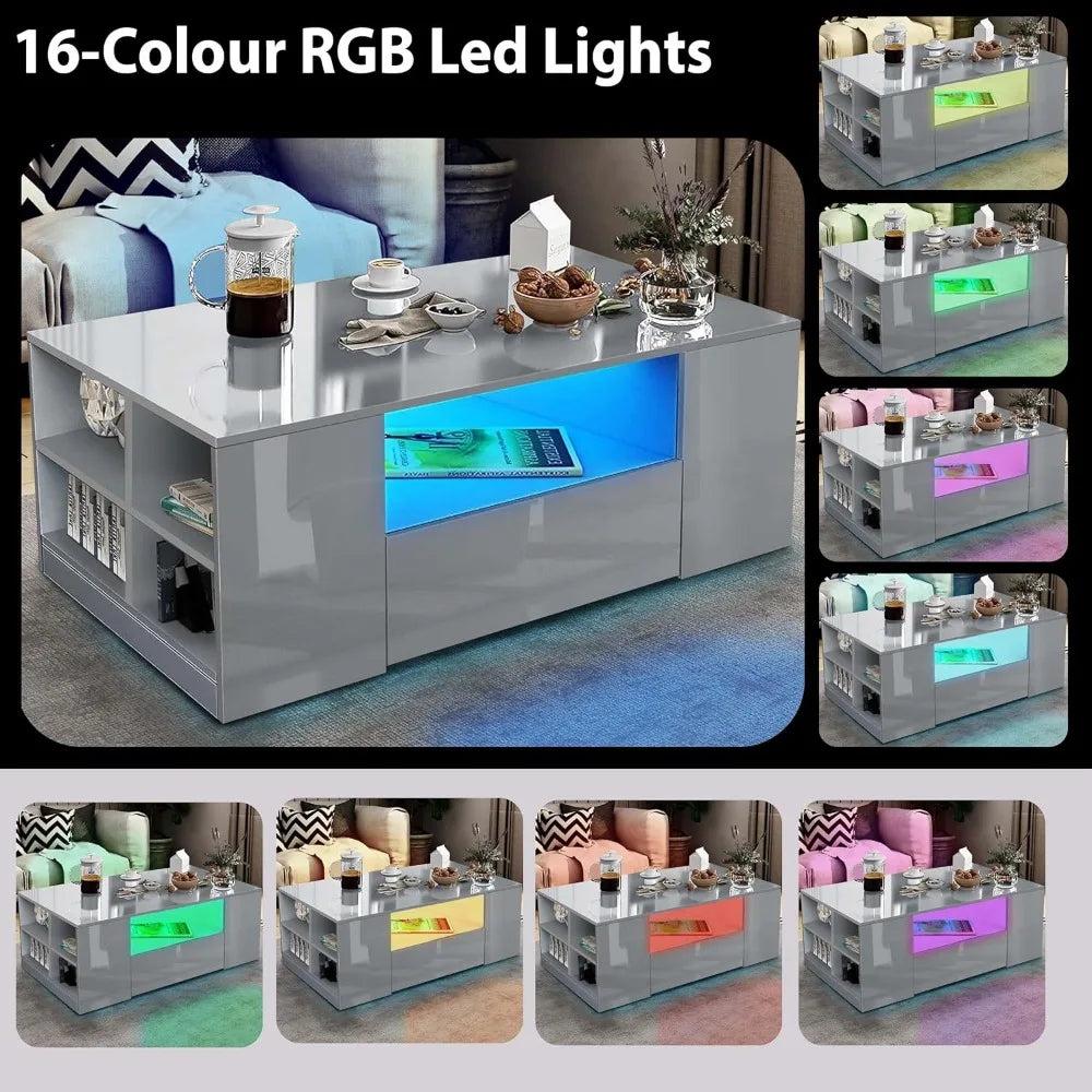 Centre Coffee Tables for Living Room with Led RGB Lights 2 Drawer Storage and Open