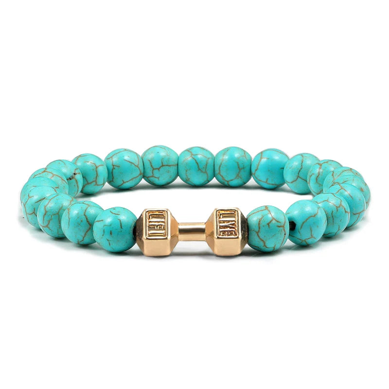 Unisex Fitness Volcanic Stone Bracelet: Matte Black Lava and White Beads with Dumbbell Charm. Perfect for Gym Enthusiasts.