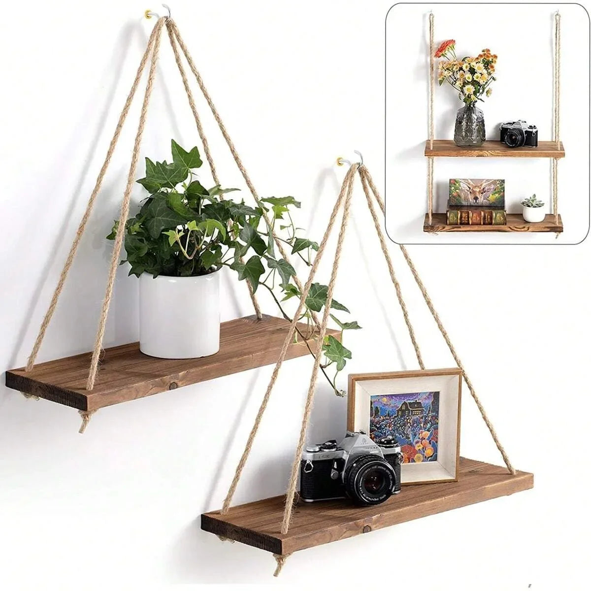 Wooden Swing Hanging Hemp Rope Wall Shelve Mounted Floating Home 1 PÇS