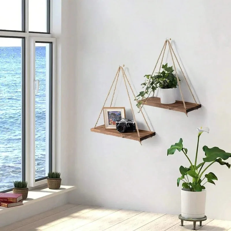 Wooden Swing Hanging Hemp Rope Wall Shelve Mounted Floating Home 1 PÇS