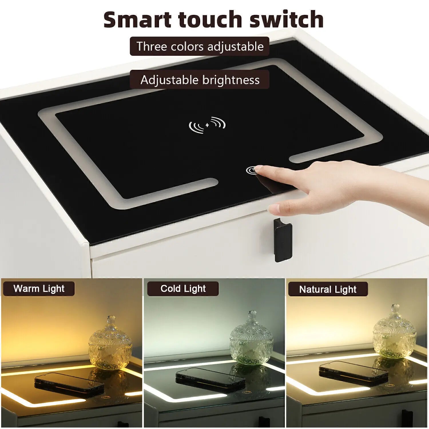 Smart 2 Drawers Bedside Table With Wireless Charging Bedside Cabinet With LED Light Nightstand Organiser With High Gloss Front