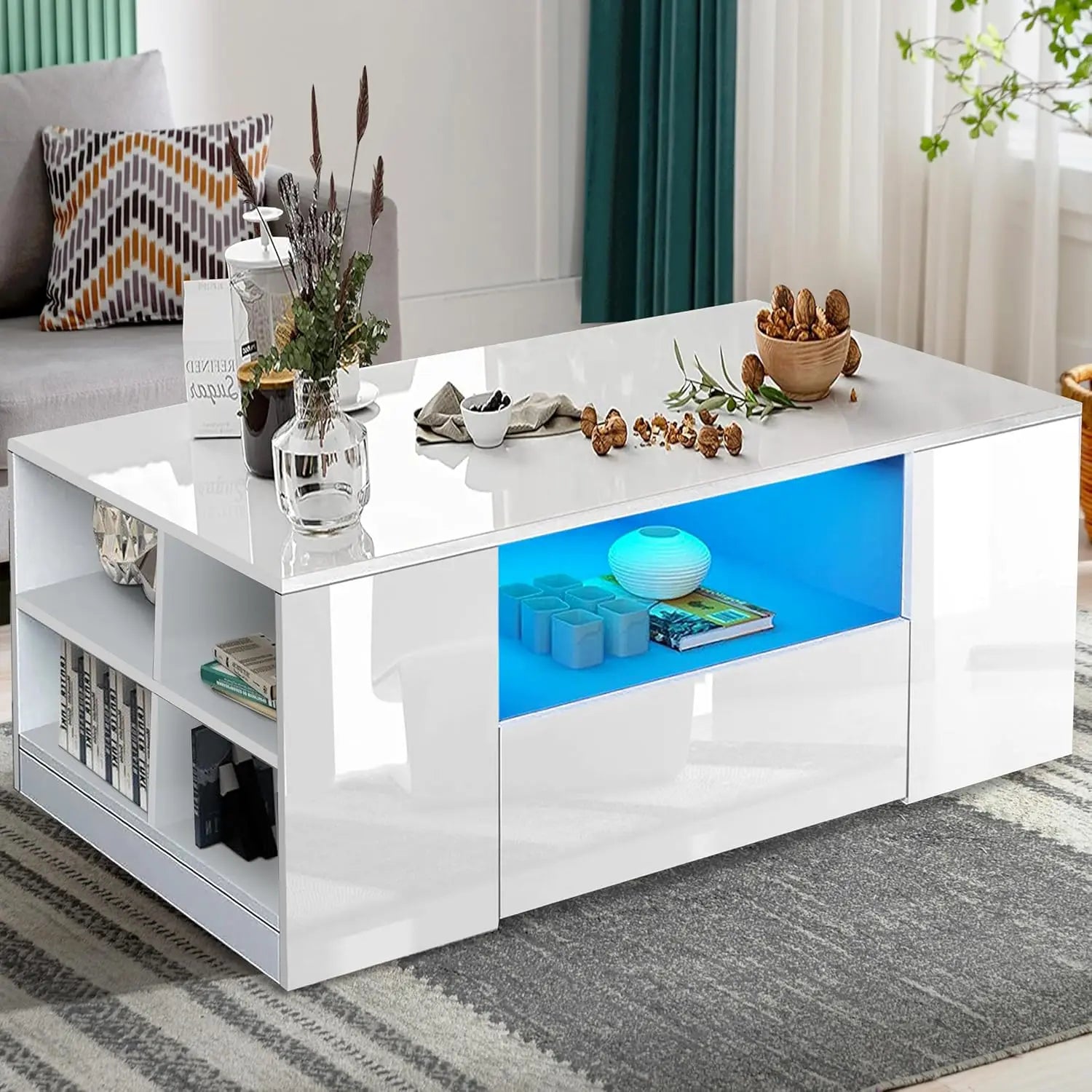 Centre Coffee Tables for Living Room with Led RGB Lights 2 Drawer Storage and Open
