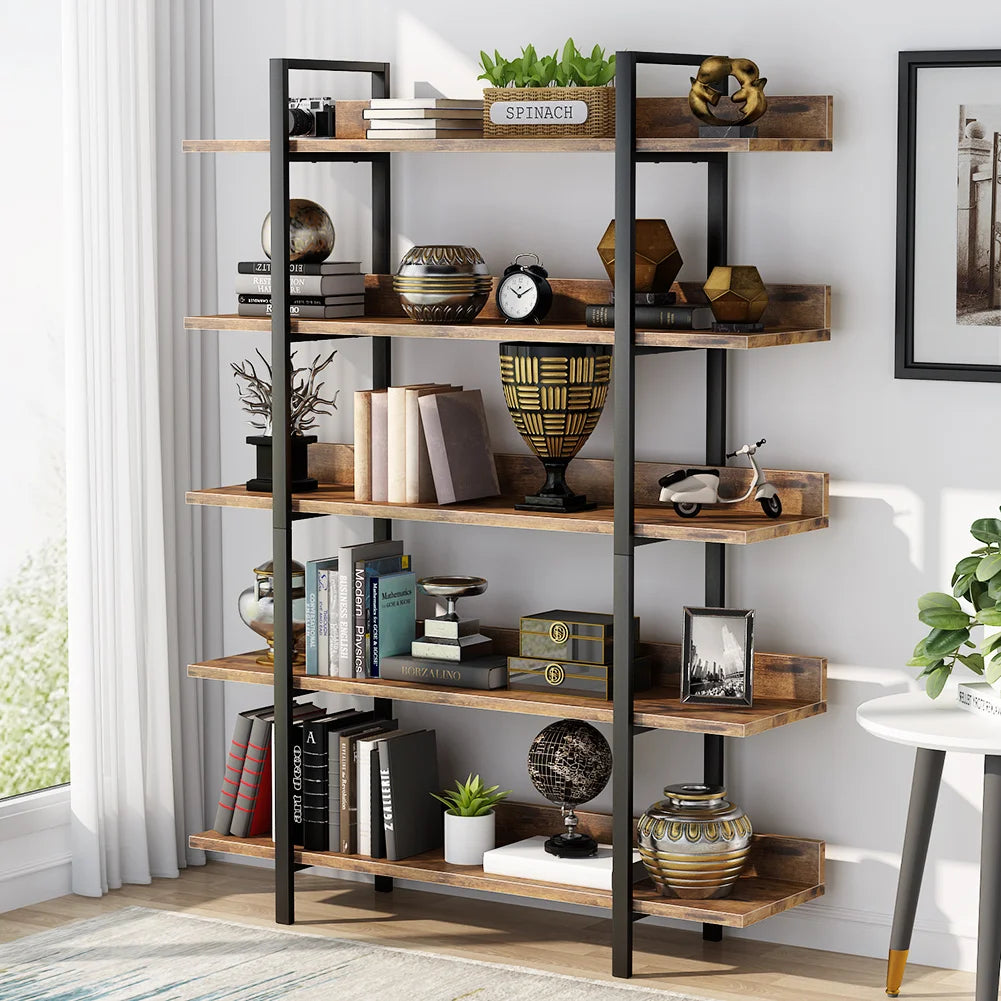 Storage Rack Standing Shelf 5 Tier Industrial Sturdy Bookshelf with Iron Pipe Frame