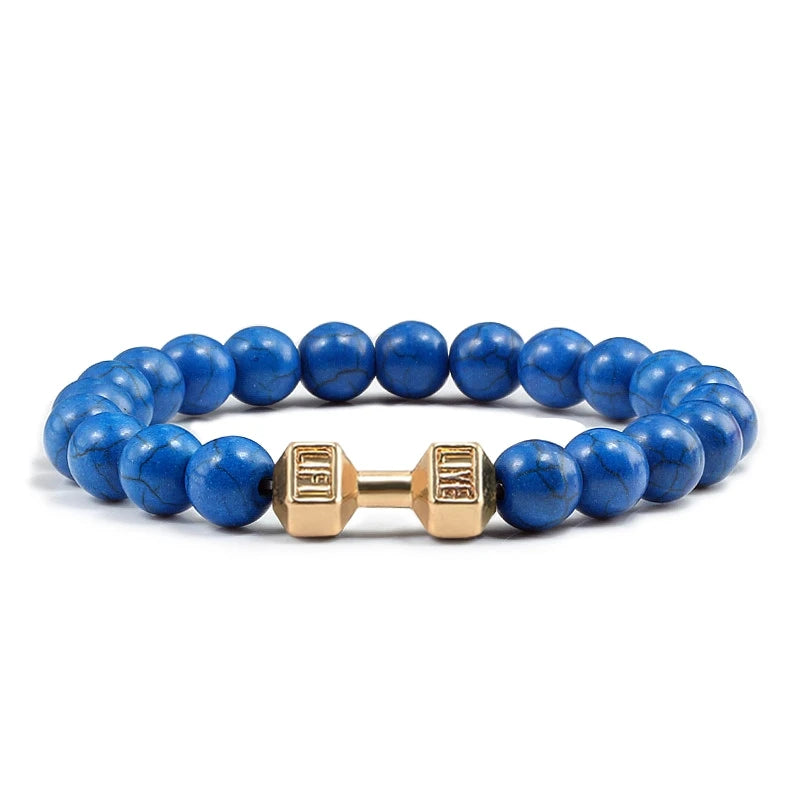 Unisex Fitness Volcanic Stone Bracelet: Matte Black Lava and White Beads with Dumbbell Charm. Perfect for Gym Enthusiasts.