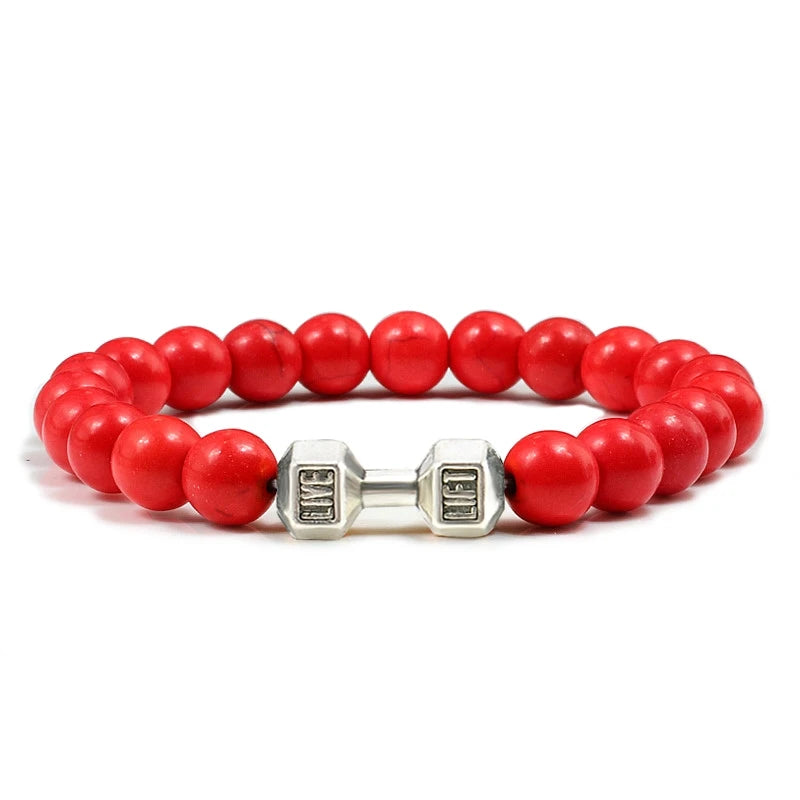 Unisex Fitness Volcanic Stone Bracelet: Matte Black Lava and White Beads with Dumbbell Charm. Perfect for Gym Enthusiasts.