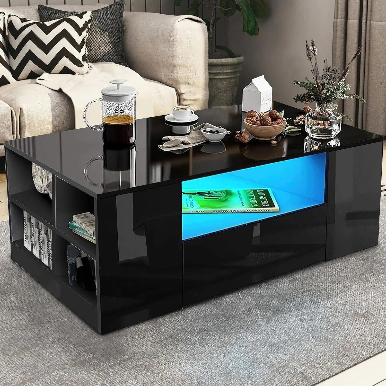 Centre Coffee Tables for Living Room with Led RGB Lights 2 Drawer Storage and Open