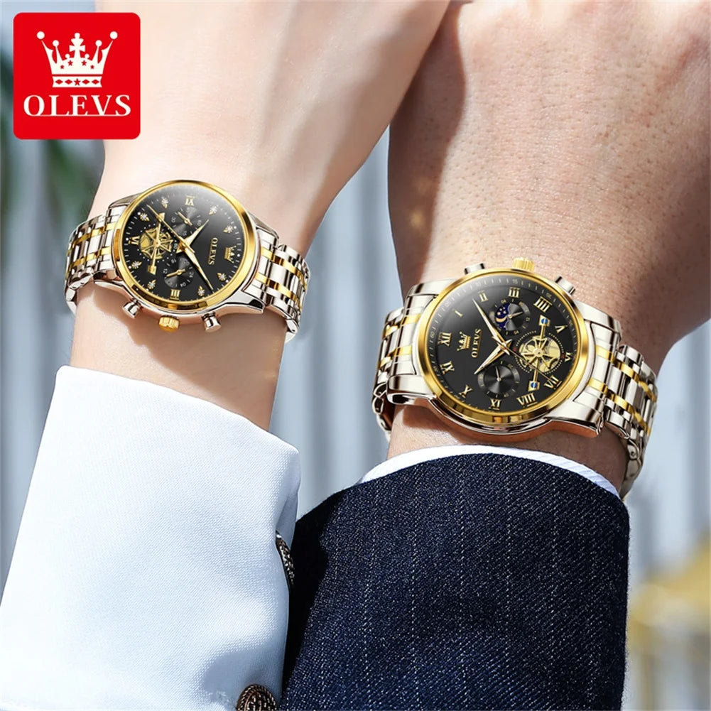 NEW OLEVS Quartz Couple Watch Luxury Brand Waterproof Lunar Phase Timing Code Watch Elegant and Romantic Lover