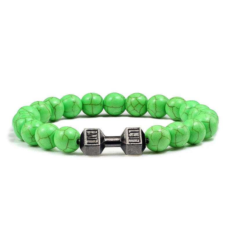 Unisex Fitness Volcanic Stone Bracelet: Matte Black Lava and White Beads with Dumbbell Charm. Perfect for Gym Enthusiasts.