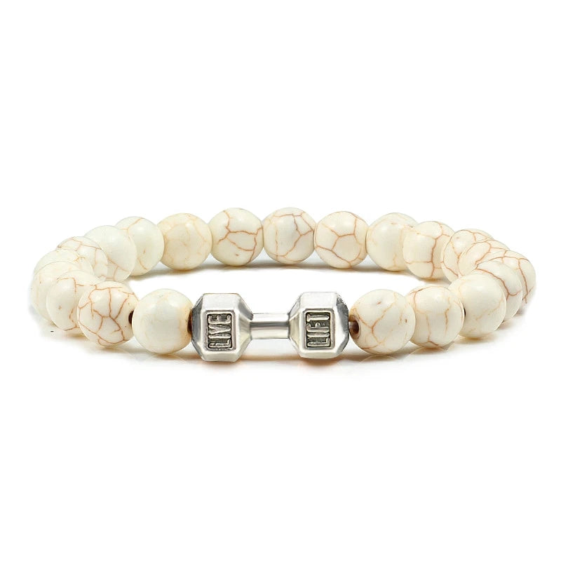 Unisex Fitness Volcanic Stone Bracelet: Matte Black Lava and White Beads with Dumbbell Charm. Perfect for Gym Enthusiasts.