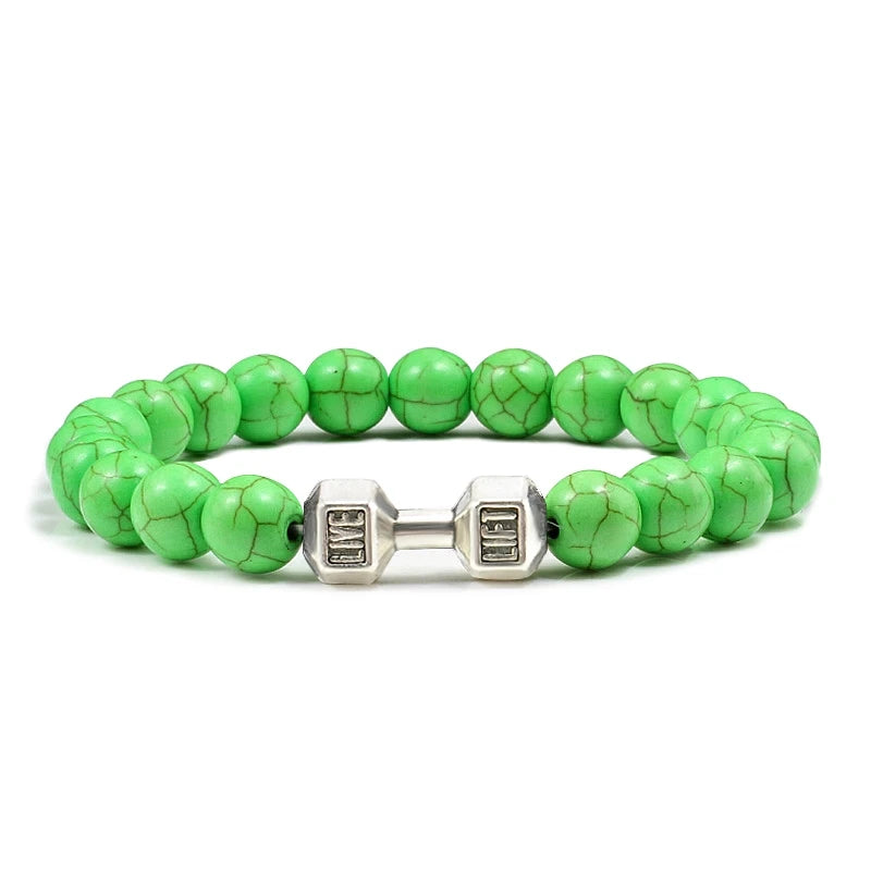 Unisex Fitness Volcanic Stone Bracelet: Matte Black Lava and White Beads with Dumbbell Charm. Perfect for Gym Enthusiasts.