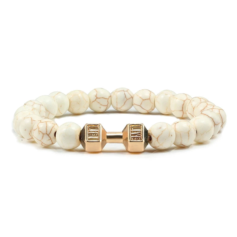 Unisex Fitness Volcanic Stone Bracelet: Matte Black Lava and White Beads with Dumbbell Charm. Perfect for Gym Enthusiasts.