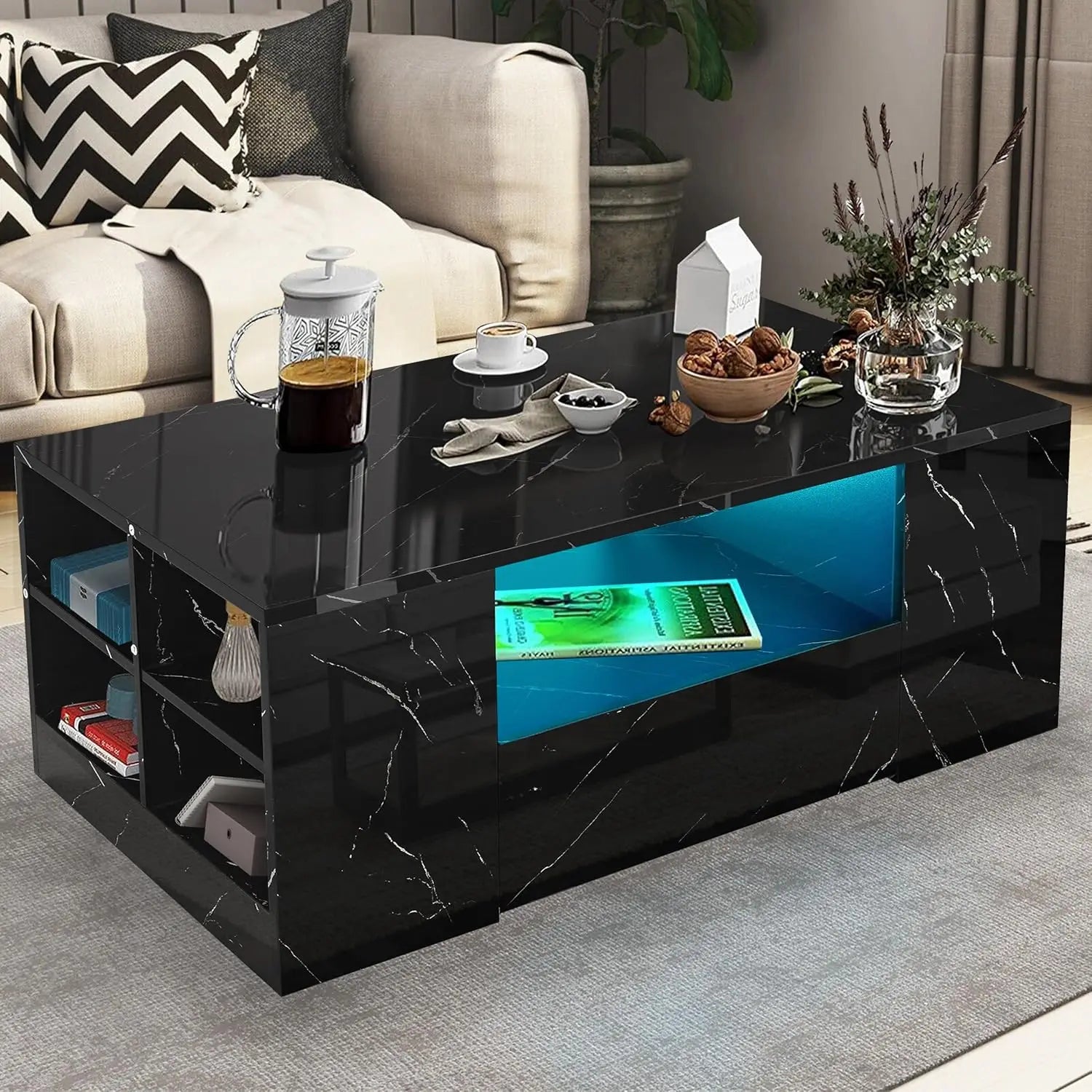 Centre Coffee Tables for Living Room with Led RGB Lights 2 Drawer Storage and Open