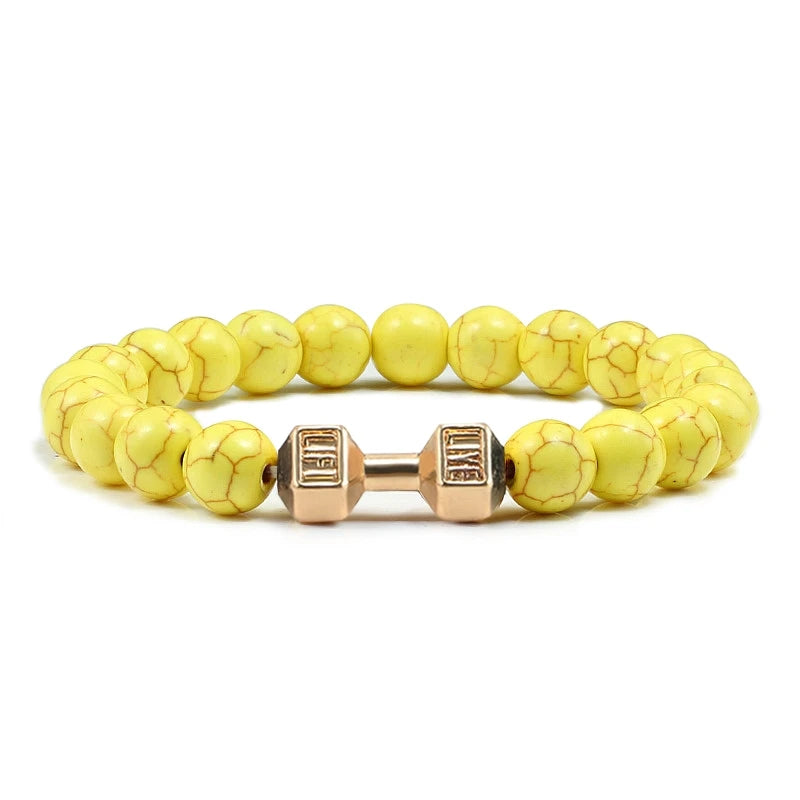 Unisex Fitness Volcanic Stone Bracelet: Matte Black Lava and White Beads with Dumbbell Charm. Perfect for Gym Enthusiasts.