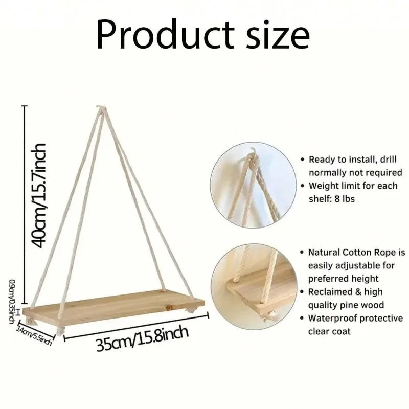 Wooden Swing Hanging Hemp Rope Wall Shelve Mounted Floating Home 1 PÇS