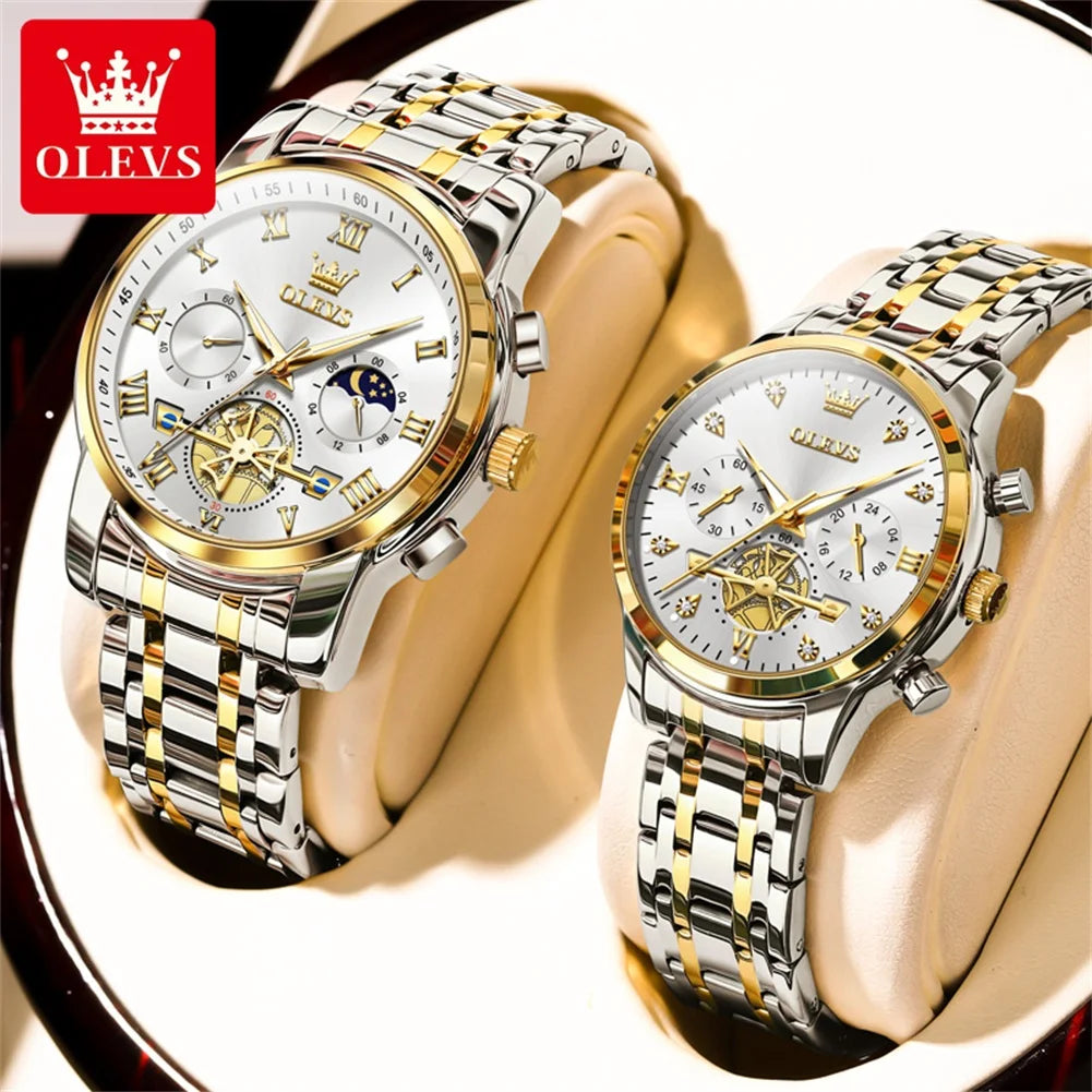 NEW OLEVS Quartz Couple Watch Luxury Brand Waterproof Lunar Phase Timing Code Watch Elegant and Romantic Lover