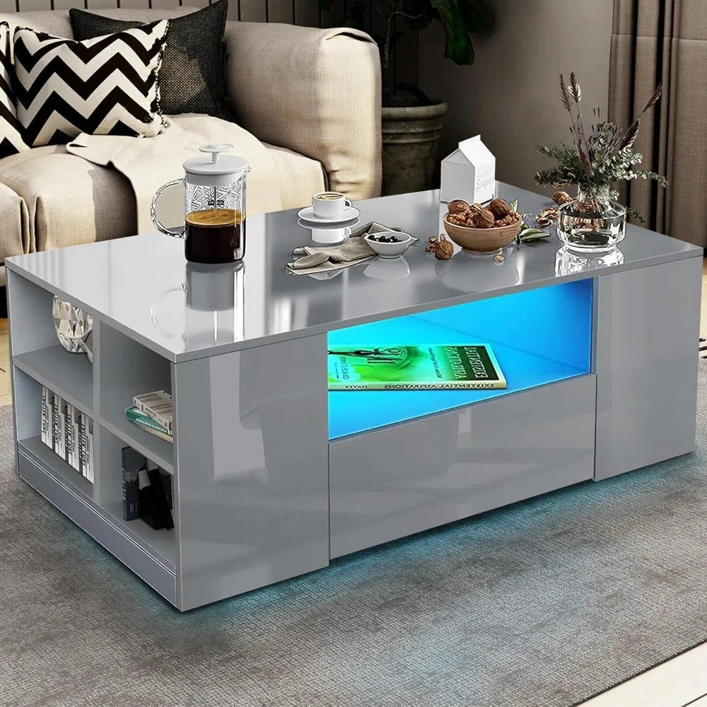 Centre Coffee Tables for Living Room with Led RGB Lights 2 Drawer Storage and Open