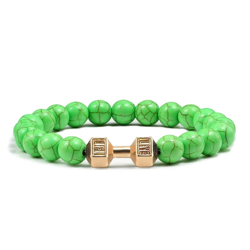 Unisex Fitness Volcanic Stone Bracelet: Matte Black Lava and White Beads with Dumbbell Charm. Perfect for Gym Enthusiasts.